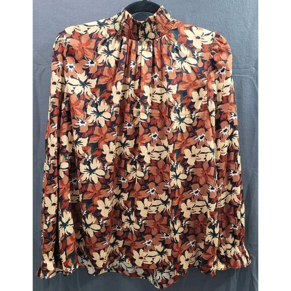 Tucker Floral long sleeve silk spandex blend Blouse in Brown and Cream XL - Picture 1 of 7